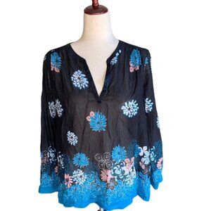 Ann Taylor Loft Petite Medium Pullover Long Sleeve Navy Blue Floral Blouse Sheer